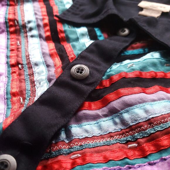 Vintage Lightweight Denim Jacket 1X Black Stripe Button Front Western Southwest - Picture 4 of 11